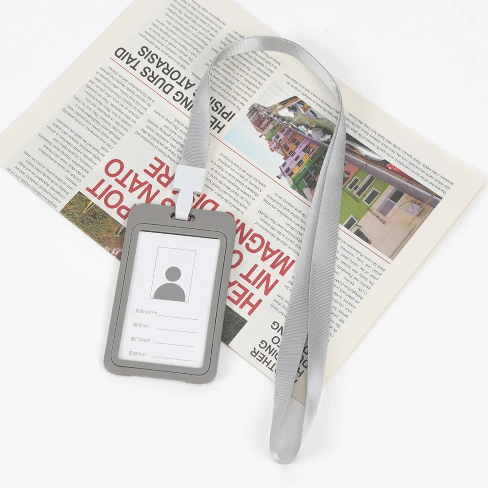 Soporte de tarjeta de identificación de Color de trabajo Unisex, cordón, funda de identificación, doble transparente, exposición de negocios, correa para colgar en el cuello: Gris