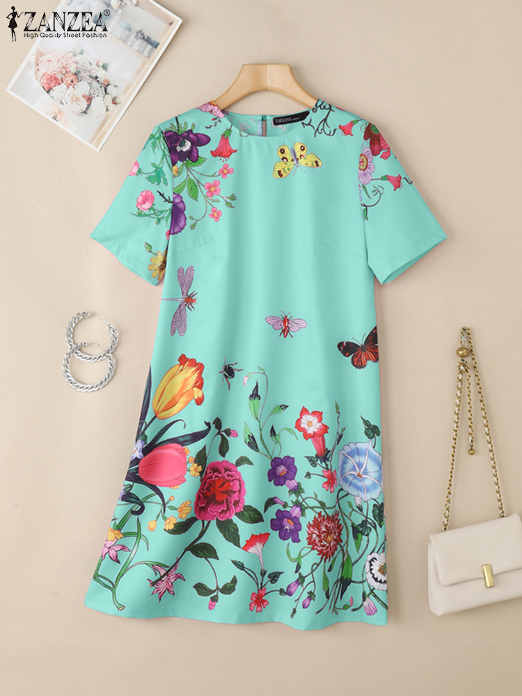 Zanzea zomerjurk met bloemenprint voor dames, stijlvolle feestjurken, korte mouwen, werkjurk, zomerjurk, bohemian vestidos: Xxl / Blauw