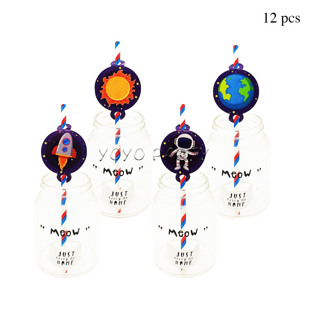 1pcs Disposable Plastic Tablecloth Table Cover For Kids Boys Astronaut Spaceship Solar Space Birthday Party Supplies Decoration: 12pcs Straw