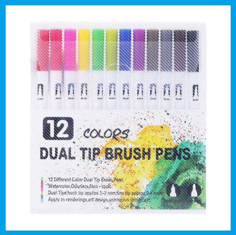 12PCS/Set Marker Pen Set Watercolor Pen Brush Markers Dual Tip Fineliner Drawing for bullet Journal Art Markers Colors Pens: 12 Colors White