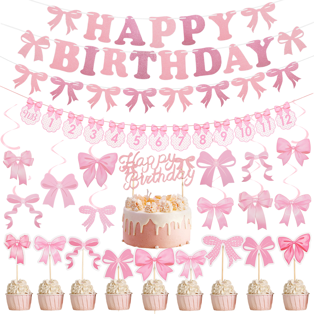 Skinnende rosa sløyfe bursdagsbanner sløyfe spiral kaketopper fotoramme flagg jente bursdag babyshower bryllupsfest dekorasjon