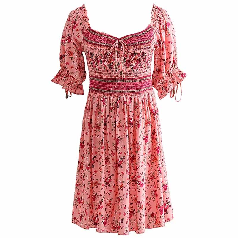 Puff  Print  Short Sleeve  Mini  Vintage  Red Floral  Beach  Summer  Cotton Boho Dress