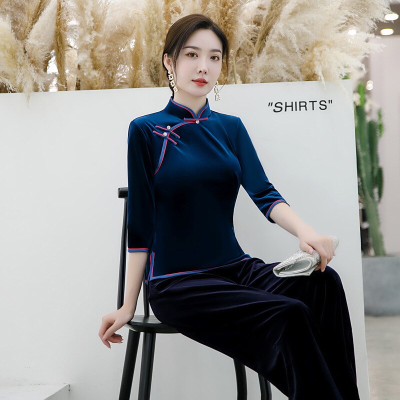 Qipao chino de manga de tres cuartos con cuello mandarín azul marino de terciopelo, ropa Cheongsam de talla grande, vestidos para mujer 4XL 5XL