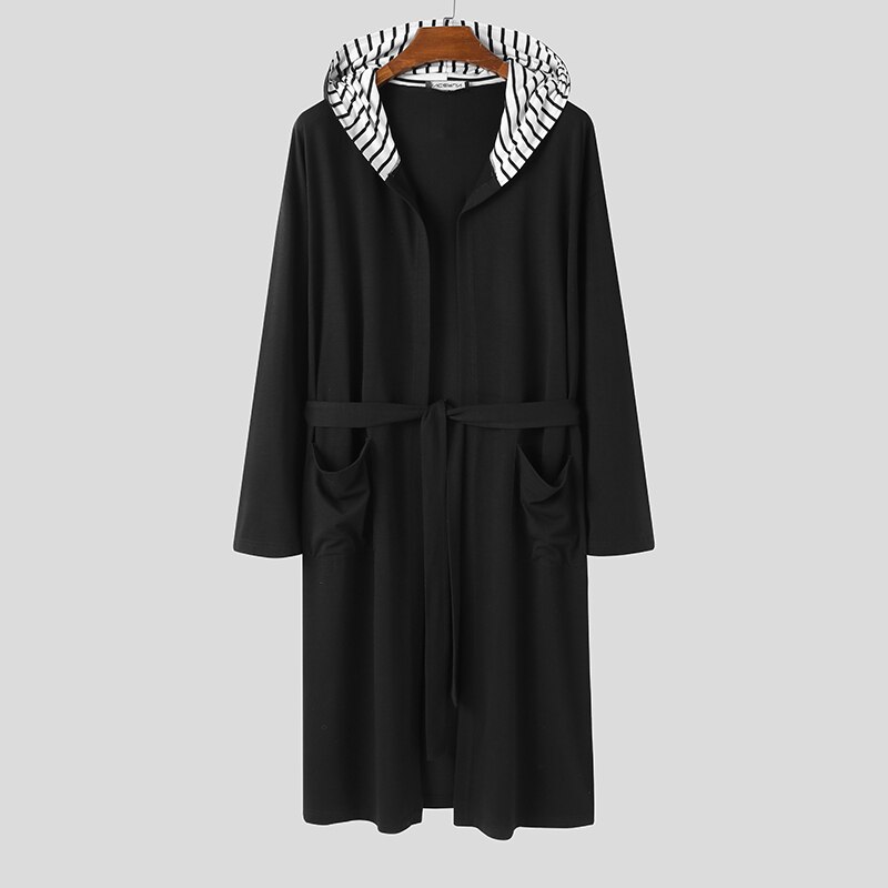 Long Sleeve Hooded Homewear Casual Pockets Comfy Bathrobe INCERUN Men Patchwork Sleep Robes Man Lace Up Nightgown 5XL 7: Black / XL