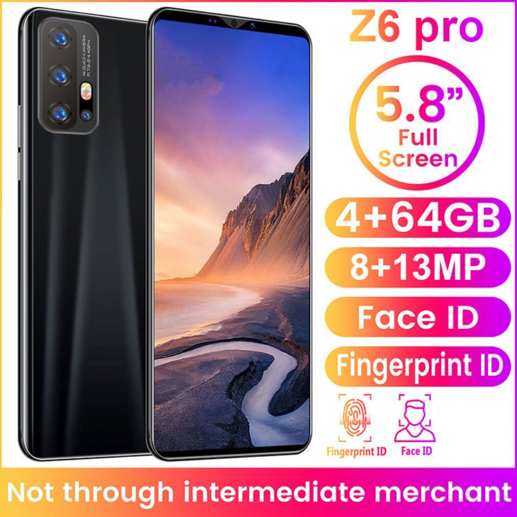 Z6 Pro Smartphone 5.8 Inch Scherm Smartphone 512M + 4G Android Smartphone 3D Glas Plated Achterkant Zwart