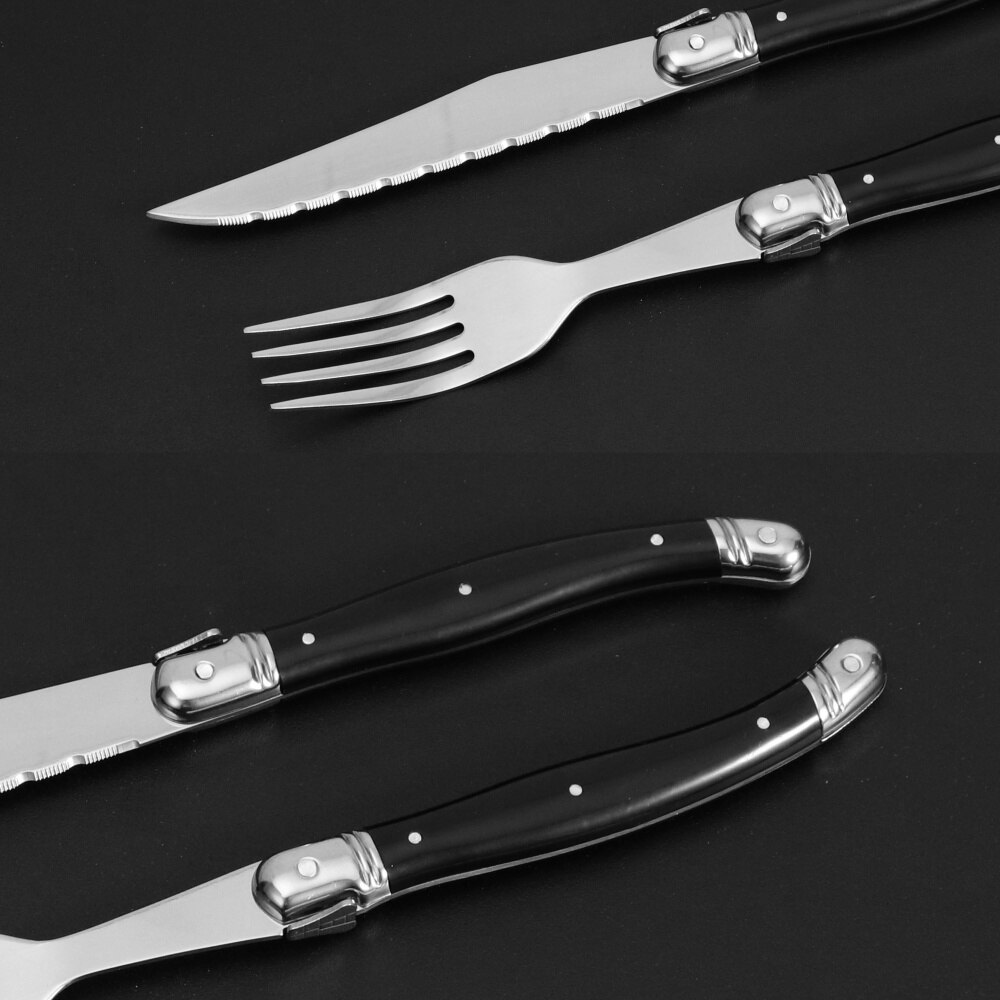 Juego de 6 cuchillos y tenedores para carne de acero inoxidable, juego completo de cubiertos de acero Laguiole con vajilla con mango de ABS negro