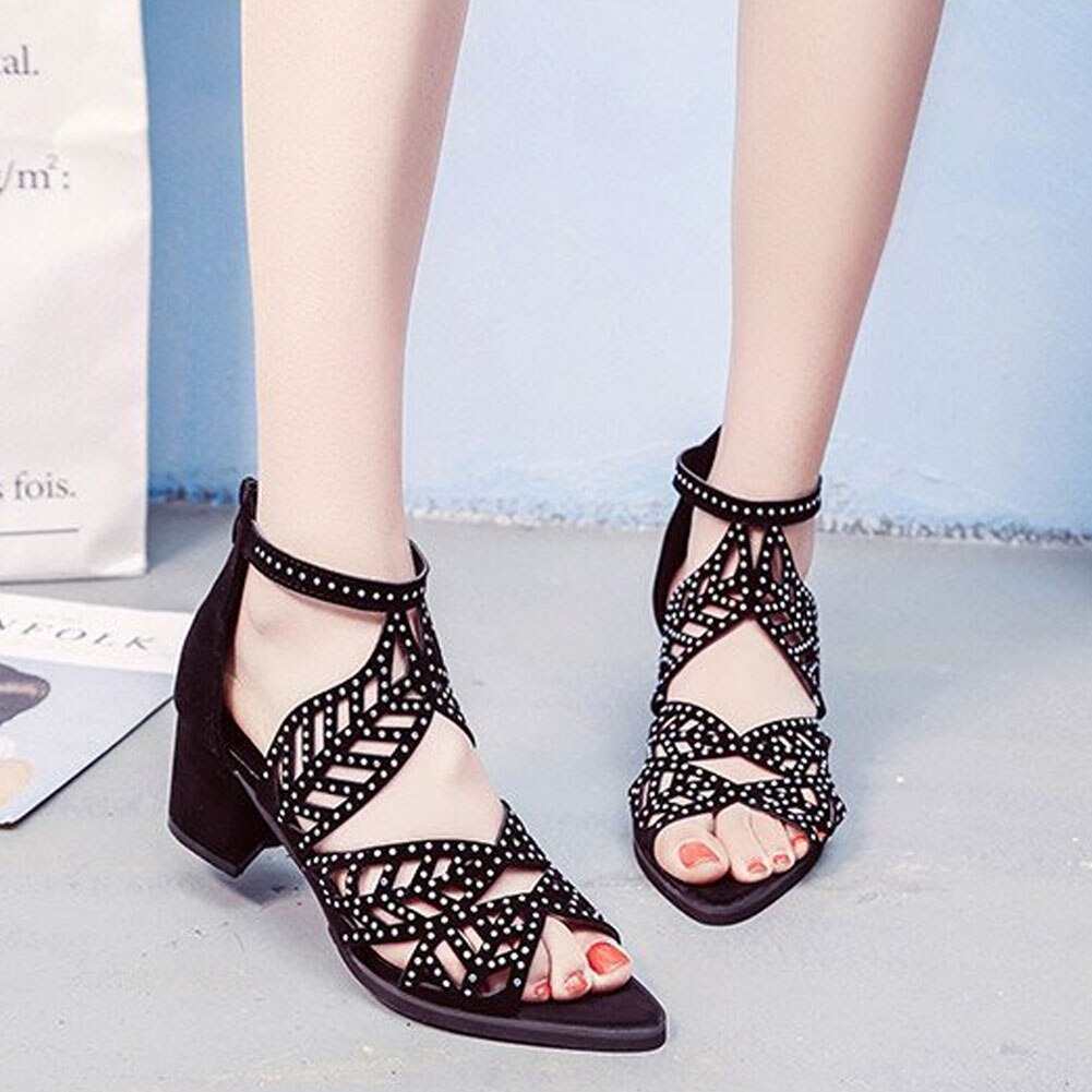 neue Stil Frauen Sommer Aushöhlen Faux Leder Strass Starke Ferse Reißverschluss Sandalen Schuhe Eur