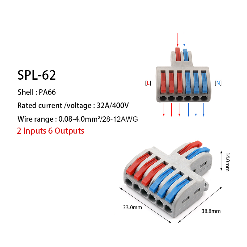 1 stk/parti ledningskonnektor 2 in 4/6 udgangsledningssplitterterminal spl -42/62 kompakt ledningskabelkonnektor push-in leder gør det selv: Spl -62