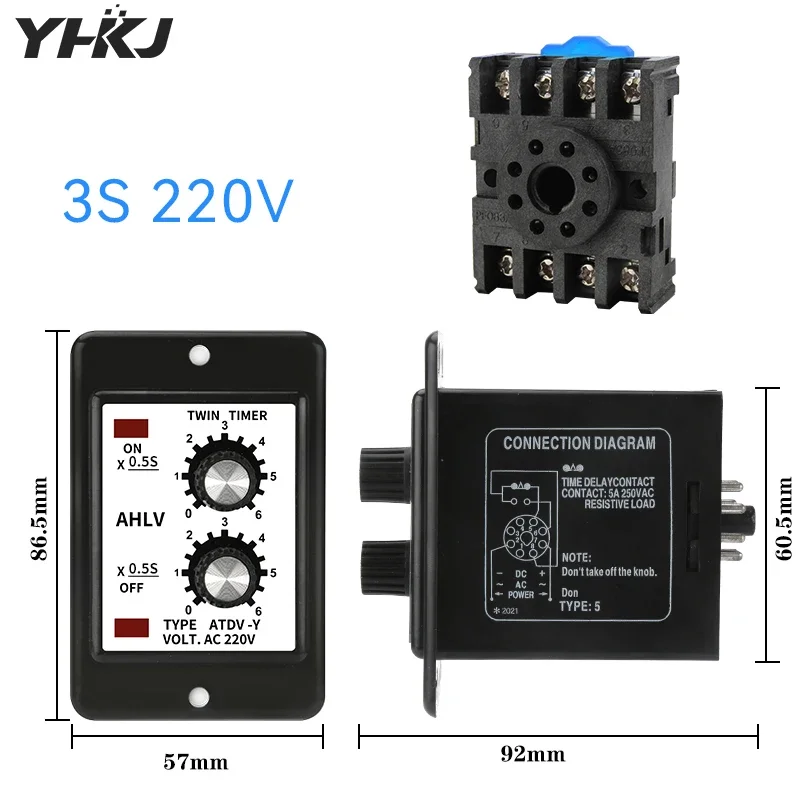 Adjustable Dual Time Relay Repeat Cycle Timer ATDV-Y ON OFF 3S/6S/12S/30S/60S/3M/6M/12M/30M/60M 220V Twin Timer With Socket Base: Largest