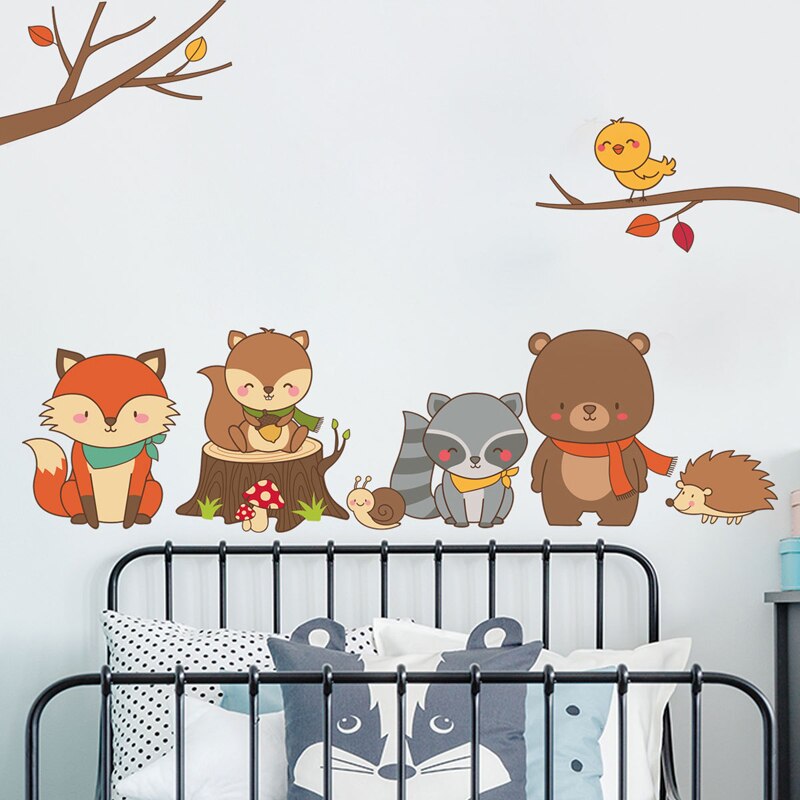 Baby Fox Bear Cartoon DIY Forest Animal Wall Sticker for Kids Room Nursery Dorm Removable Funny PVC Mural Decals Home Decor