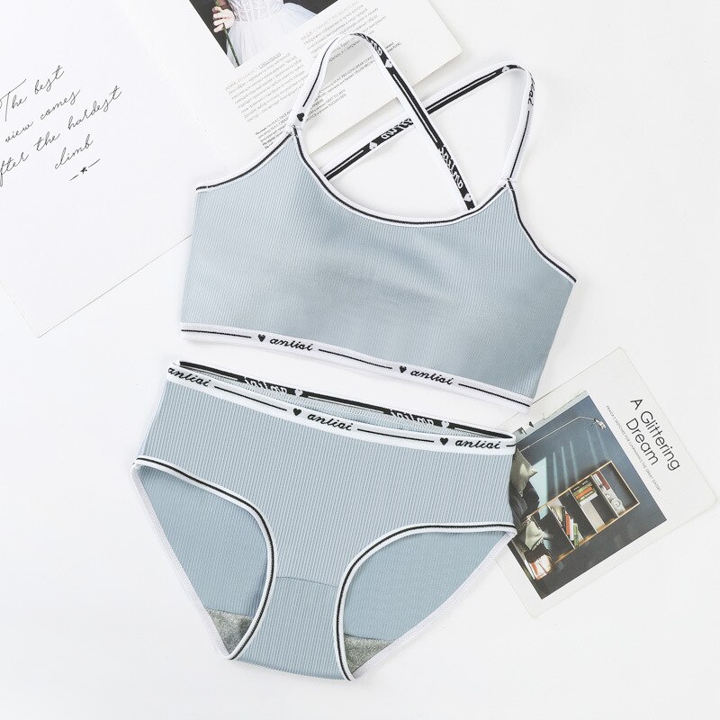 Girls Bra and Panty Sets Teenage Padded Sport Training Bra+Panties Puberty Students Letter Printed Brassiere Underwear Panties: sky blue
