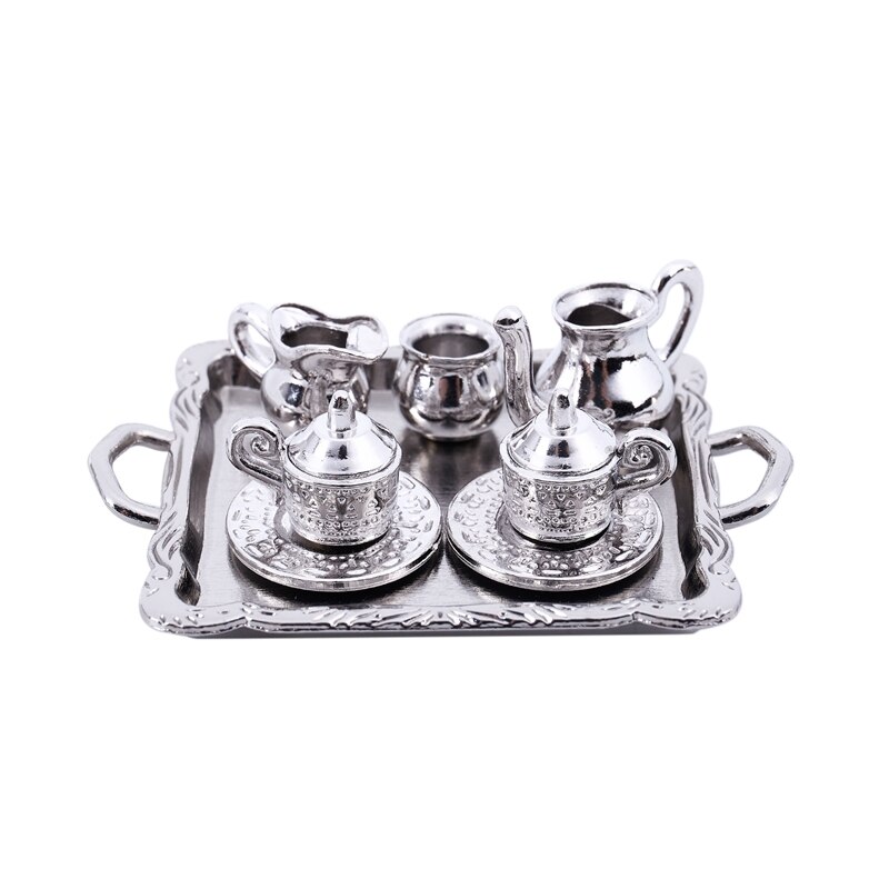 Poppenhuis Miniatuur 1: 12 Speelgoed 8 Stuks Metalen Thee Set Lengte 6.5Cm: Silver
