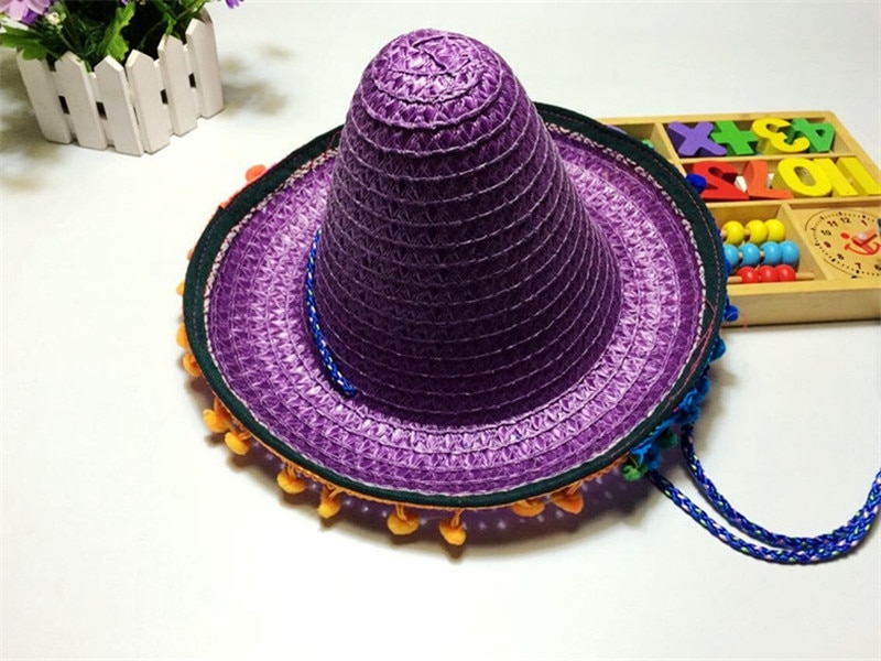 Mexican Sombrero For Children Kids Show Straw Hats Dance Props Pompom Party Hat 6Pcs/lot
