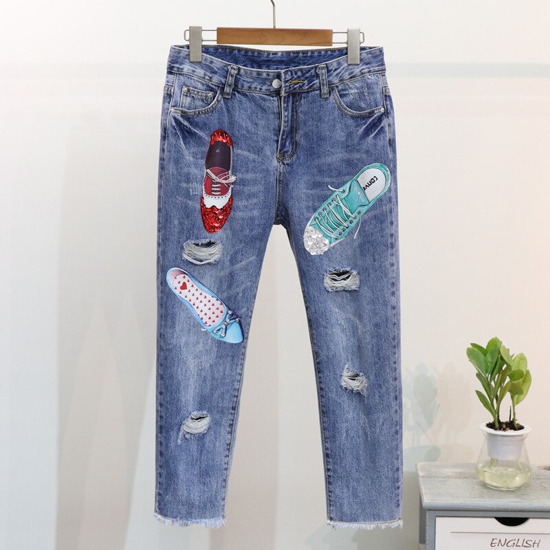 Summer Women T Shirts Denim Pant Suits Beading Sequined Shoes Pattern Tshirt + Hole Tassel Calf-Length Trousers Sets