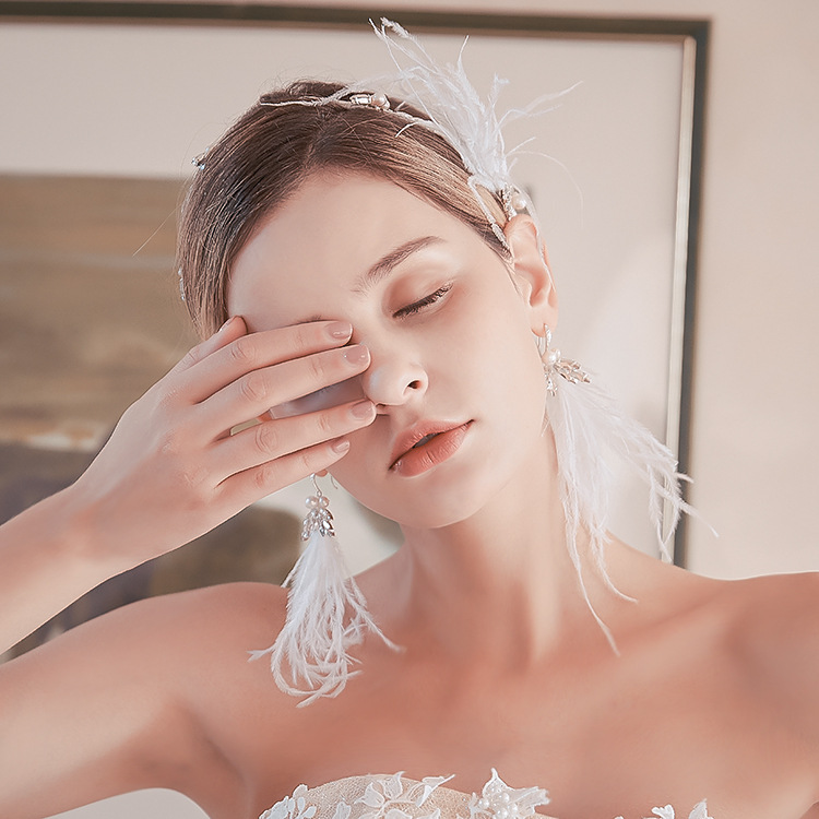 White Feather Bridal Headband with Earrings Crystal Wedding Hair Crown Pearls Jewelry Handmade Women Headpiece
