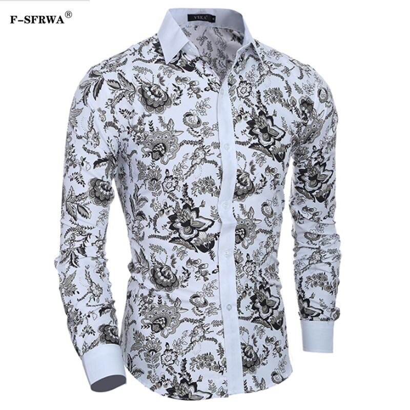 Men Printing Shirts Casual Slim Fit Camisas Dress Floral Print Homme Shirts Camisas XXL D97