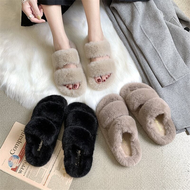 Enplei kvinner vinterhus fuzzy slippers pels varme sko kvinne slip on flats kvinnelige furry slides koselig hjem str 35-40