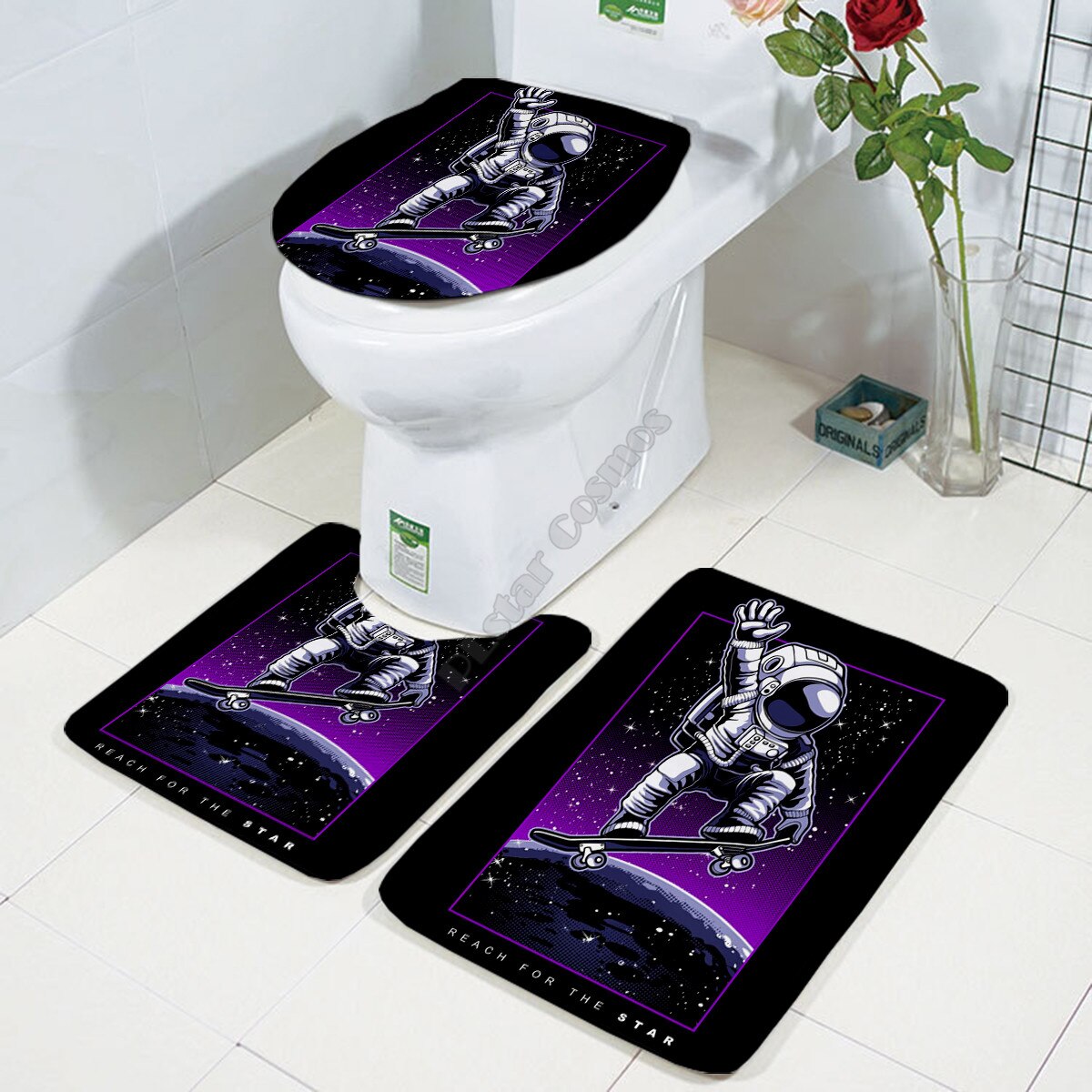 Galaxy astronaut Three-piece set 3D printed Bathroom Pedestal Rug Lid Toilet Cover Bath Mat Set 03