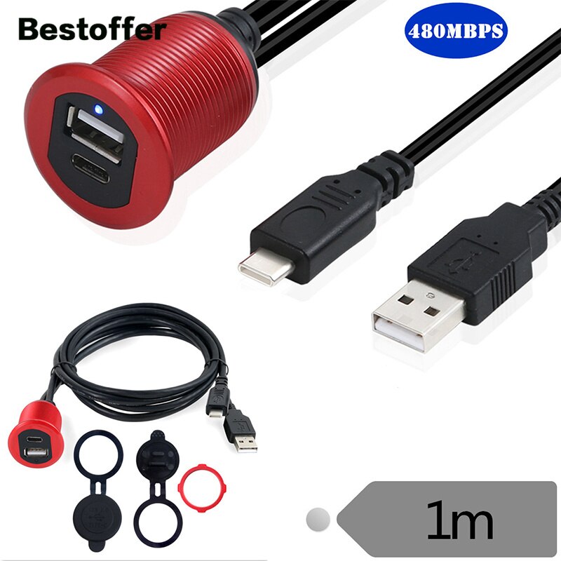 1 Meter Led Licht Type-C 2.0 Naar Usb 2.0 Man-vrouw Aux Auto Mount Flush Waterdichte Kabel