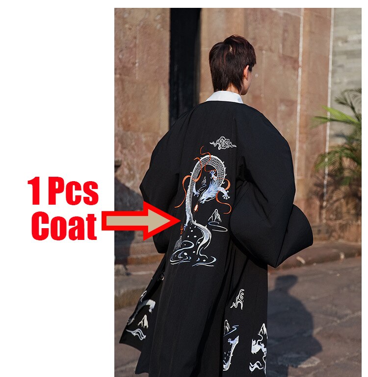 Mannen tang pak oude hanfu volkskleding zwarte geborduurde drakenjas lange jurk mannelijke festival rave outfit dnv 12442: 1 st jas / Xxxl