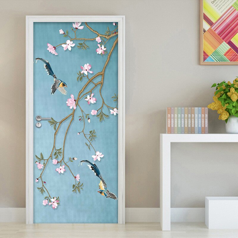 Door Sticker Chinese Style Flower Bird Mural Waterproof Self-adhesive Vinyl Wall Paper For Living Room Bedroom Door Decoration