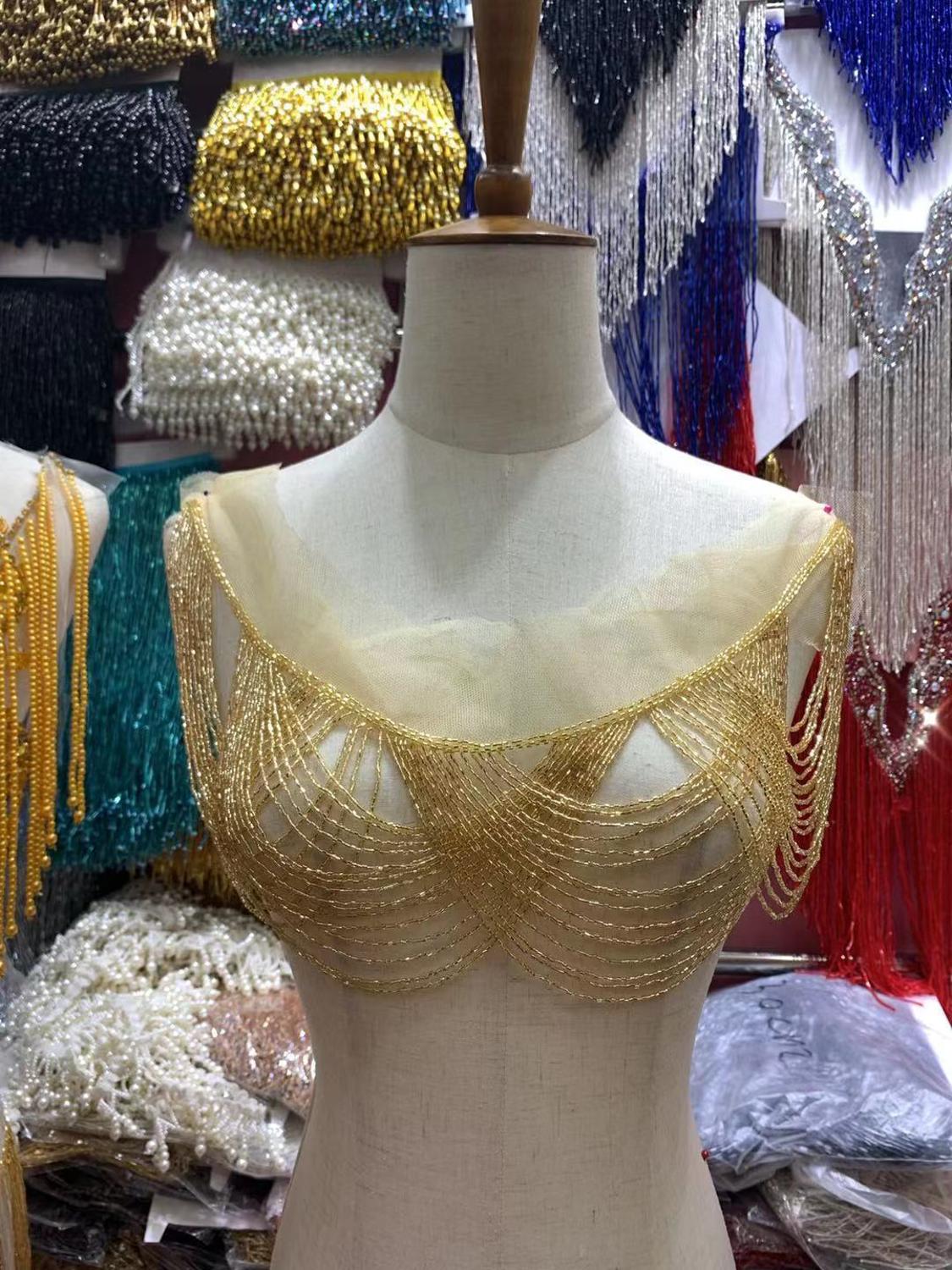 Collar dorado con flecos de cuentas hecho a mano, adorno de borlas de encaje hecho a mano para vestido de novia de boda SGTM96