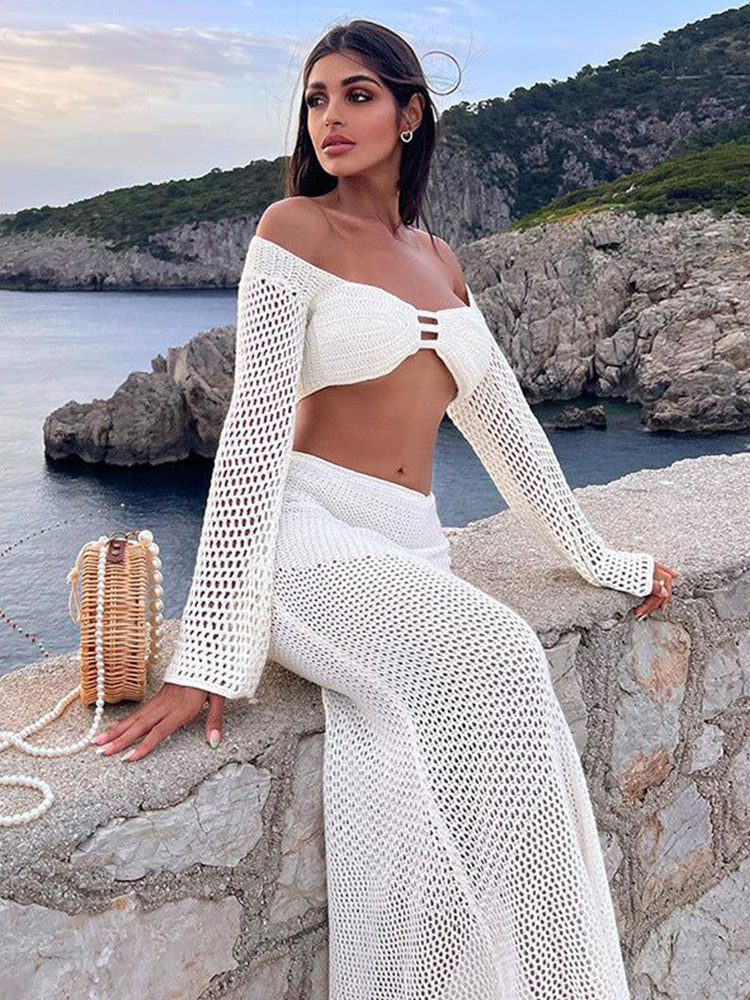 Weiß häkeln 2 Stück aus geschnitten Langarm rücken frei binden Top langen Rock Set Club Strick Strand kleid Outfit Bikini Vertuschungen a1882