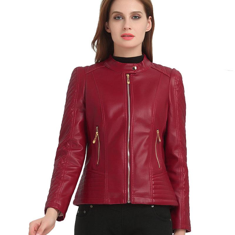 Lusumily Plus Size 6XL Leather Jacket Women Pu Leather Coat Stand Collar Shirt Outwear Red Motorcycle Jackets Female: Burgundy / XXL