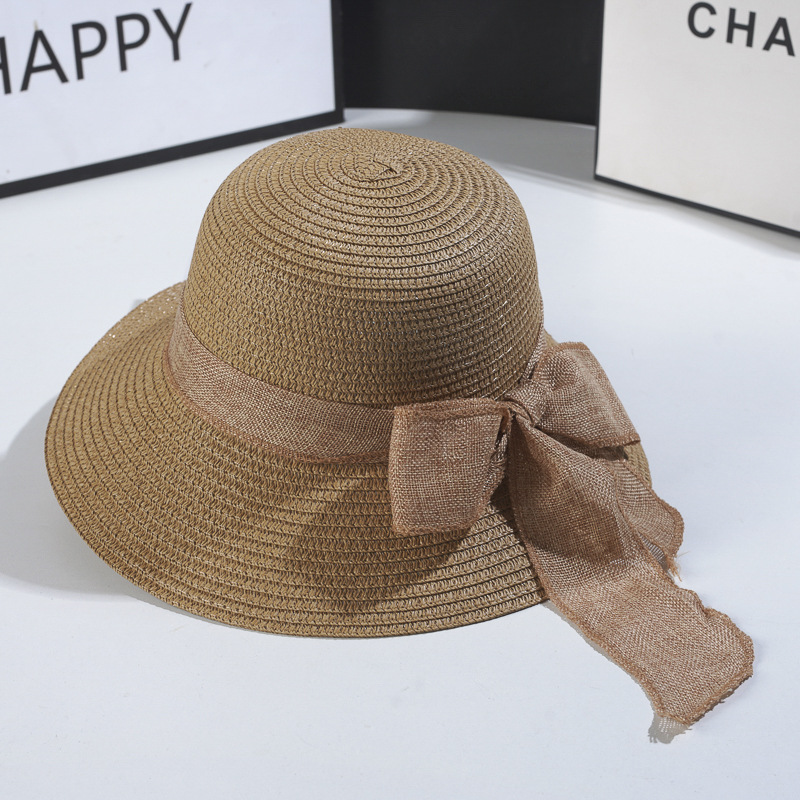 Beach Hat Japanese Everything Hairy Edge Straw Hats Female Summer Flat Top Outing Sun Hats Small Fresh Bow Sun Shade Beach Hat: Khaki