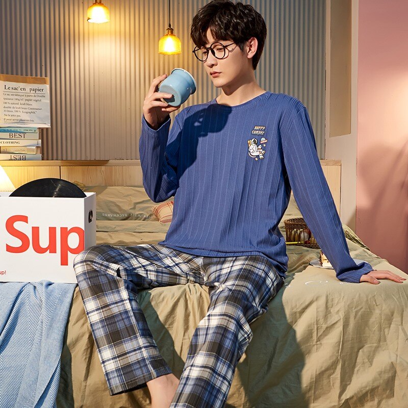 SONG Spring Pajamas Sets 2 Pieces Combed Cotton Long Sleeve Trousers Casual Teenagers Home Men's Pyjamas