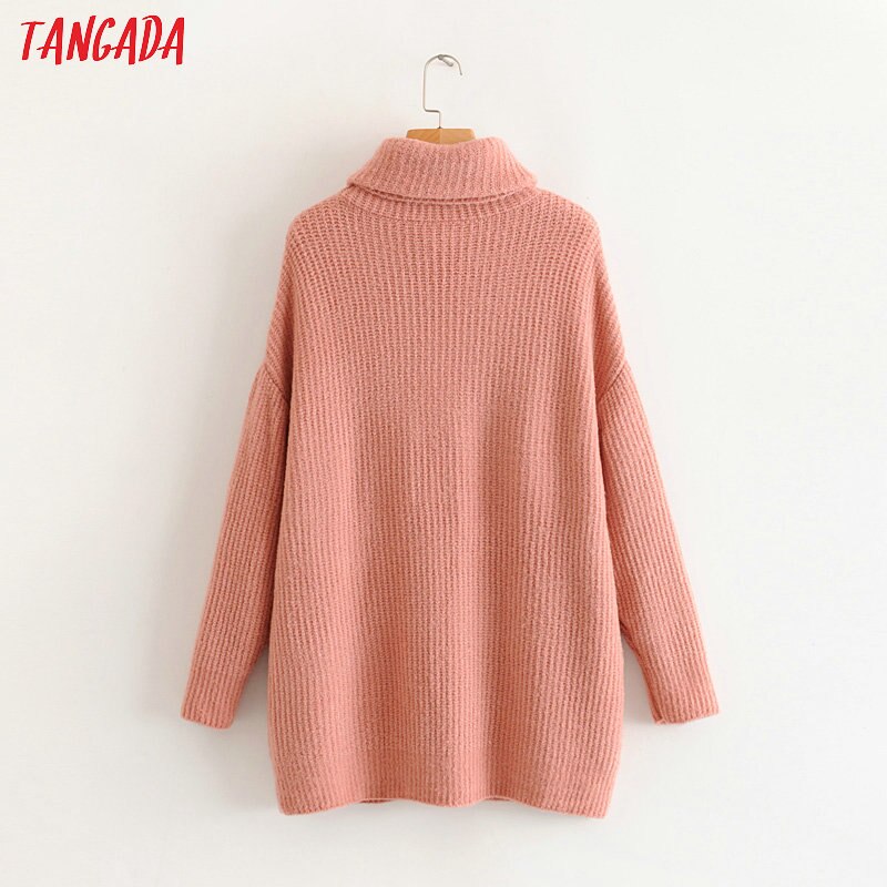 Tangada kvinder solide sweaters rullekravetrøjer oversize efterår vinter lang sweater frakke flagermusærmer løst strik top  hy31