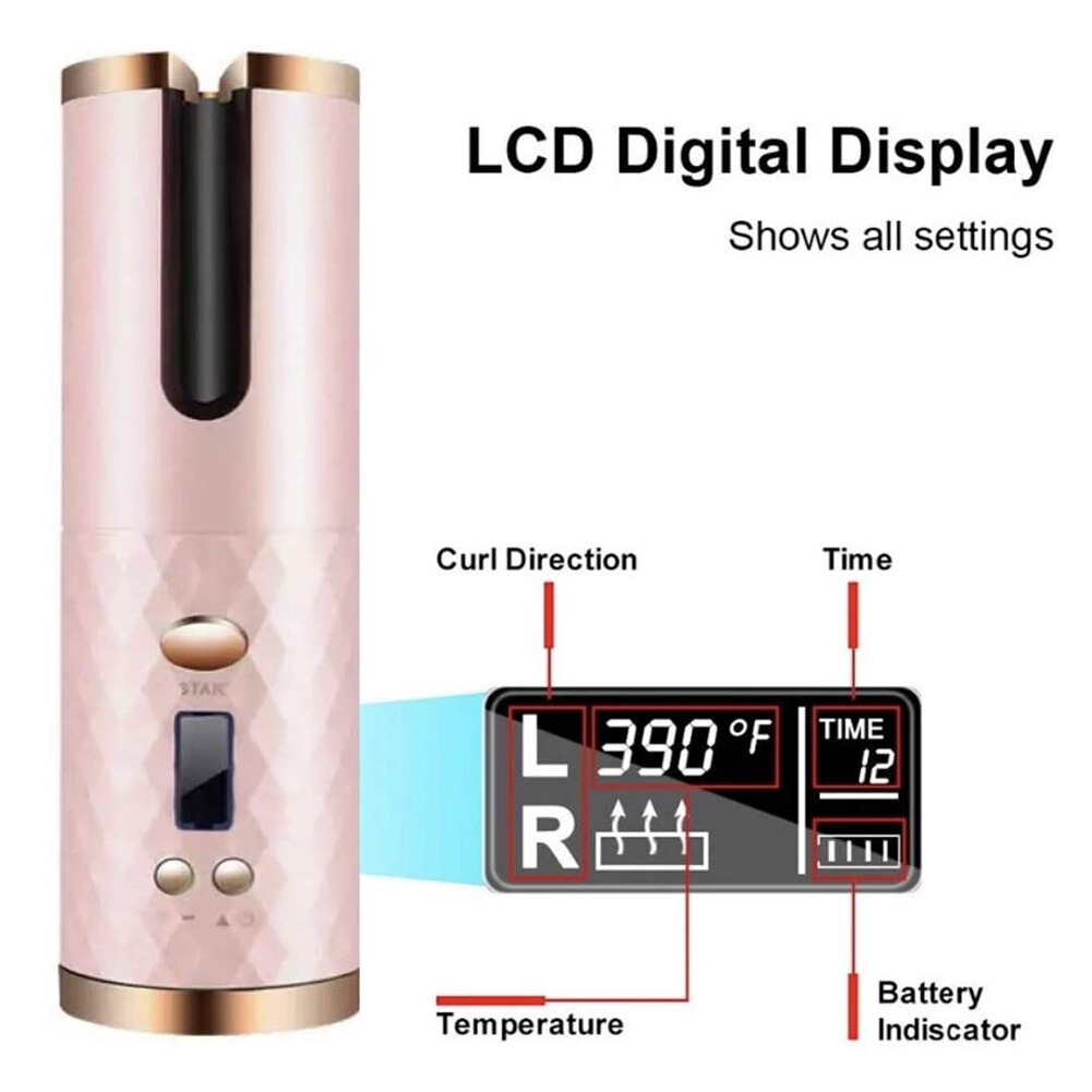 Cordless Automatic Hair Curler USB Rechargeable Curling Iron Curls Waves LCD Display Ceramic Curly Rotating Curling Wave Styler