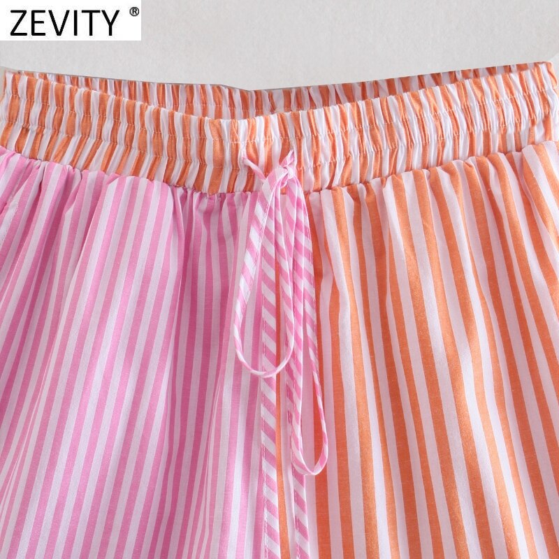 Zevity vrouwen mode patchwork gestreepte print casual bermuda shorts dames chique elastische taille zomer pantalone cortos p1086