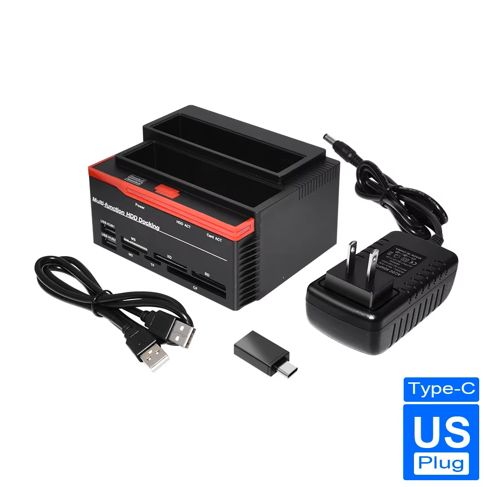 2.5/3.5" SATA IDE HDD Docking Station Clone HDD Enclosure USB 2 Ports USB 2.0 Type C Hub MS/M2/XD/CF/SD/TF Card Reader: black