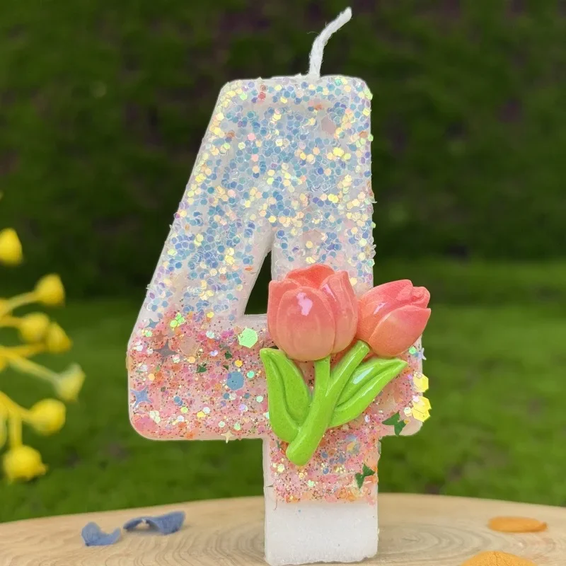 Pink Glitter Tulip Flower Candles for Birthday Party Anniversary Cake Decoration Atmosphere Decoration Photography Props: Rainbow