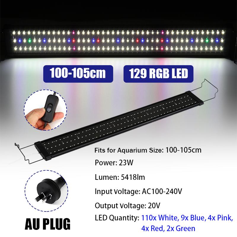 100-105cm 23W Aquarium LED Lighting Fish Tank Light with Extendable Brackets 129 LEDs Full Spectrum Plant Lamp AC100-240V: AU Plug