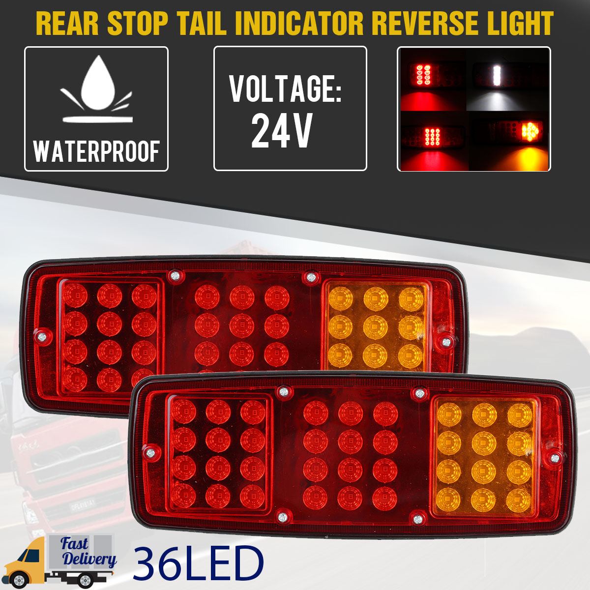2pcs 24V Waterproof 36 LED Tail Light for Car Truck Trailer ATV Caravan Lorry Rear Brake Light Stop Reverse Lamp Light