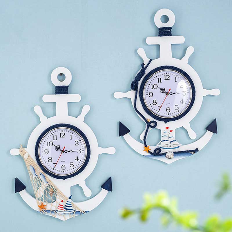 Horloge murale en bois marine d'été de style méditerranéen, gouvernail, ancre, décoration de la maison, horloge murale, décoration, montre numérique en bois muet