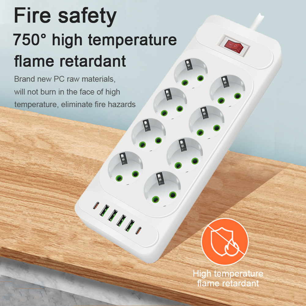 Eu-stik ac-stikkontakt multitap-strømskinne 2m forlængerledning stikkontakt smart usb hjemmekontor overspændingsbeskytter netværksfilter