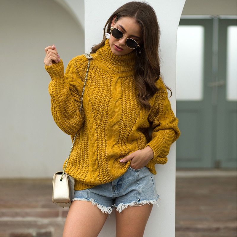 Efterår og vinter striktrøje dame rullekrave sweatere pullover oversize sweater tyk dame sweater: Gul / S