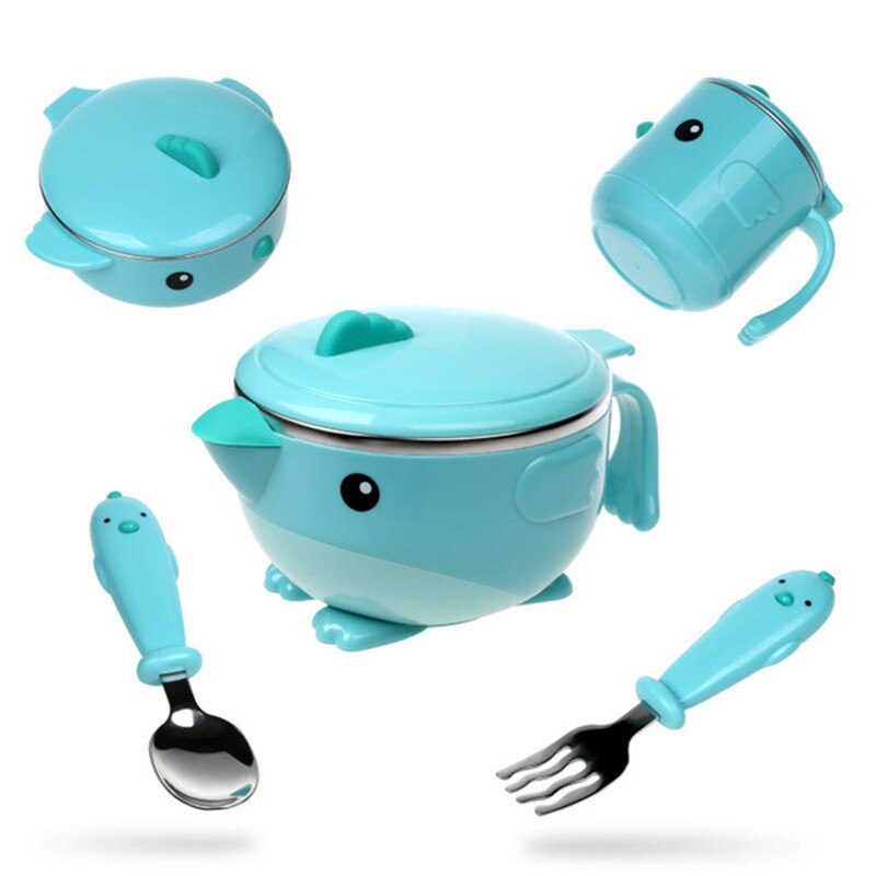 Children dishes set Baby tableware Kit Stainless Steel feeding bowl Spoon Fork Cup Heat preservation bowl: Blue-5