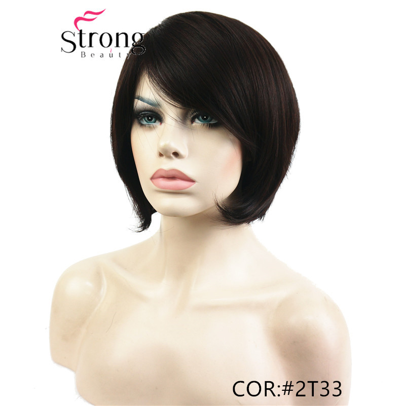StrongBeauty Kurze Gerade Braun Hervorgehoben Bob Seite Gefegt Pony Synthetische Perücke FARBE ENTSCHEIDUNGEN: H4595 2T33