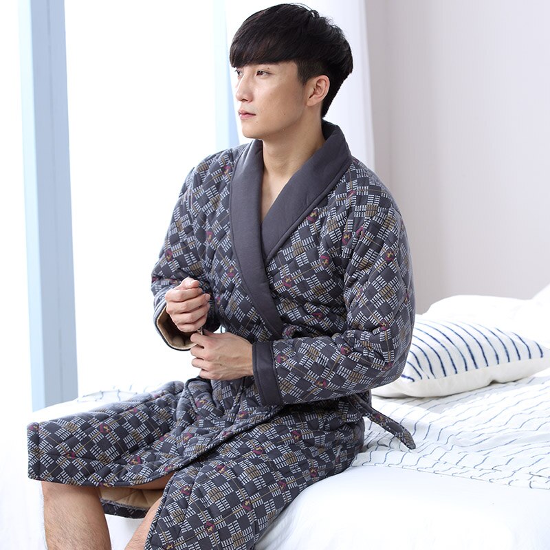 Winter Autumn Plaid 3 Layers Thick Cotton Quilted Men&#39;s Bath Robes Gentlemen&#39;s Homewear Big Yards L-3XL Male Sleepwear Lounges: DNN7310 / L