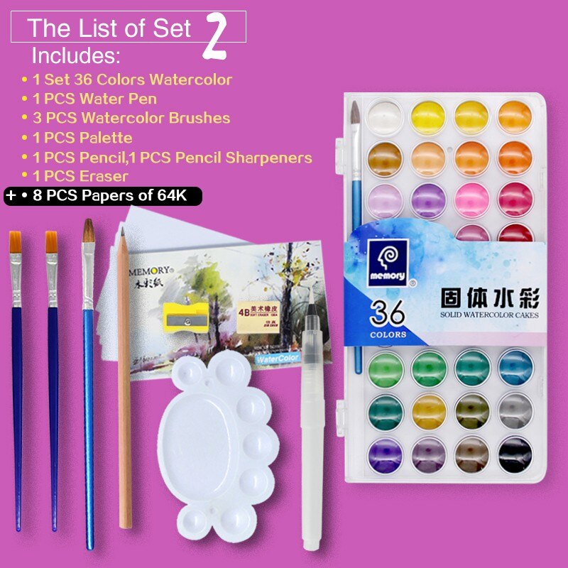 Geheugen 36 Kleuren Aquarel Verf sets Professionele Water Kleuren voor Schilderen Papier Kunst Levert Met Gratis Borstels Palet: Set 2