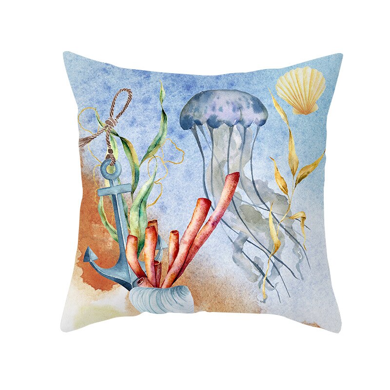 Taie d'oreiller de chambre à coucher pour bébé, 45x45cm, forme géométrique, fond de mer bleu océan, motif étoile de mer, dauphin