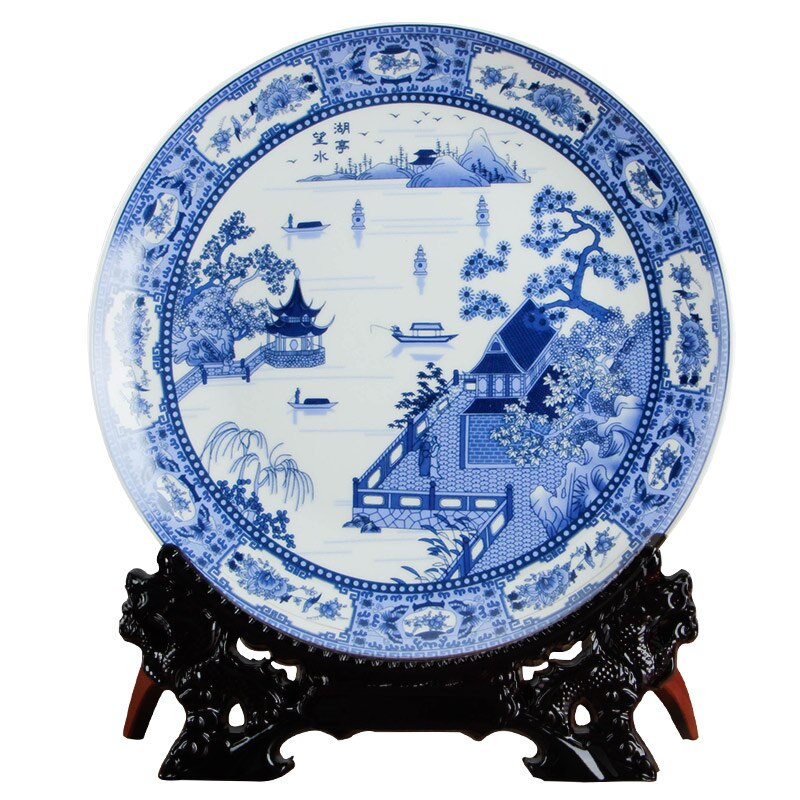 Kinesisk sø pavillon plade keramisk ornamental plade blå og hvid dekoration plade træ base porcelæn plade sæt bryllup: Default Title