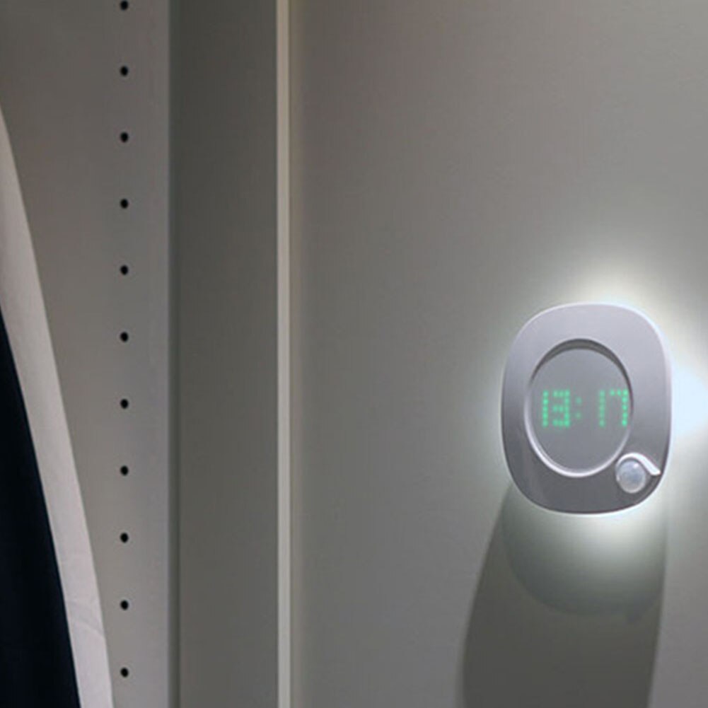 LED Motion Sensor Night Light Digital Time Display Clock Bedroom Bathroom Lamp