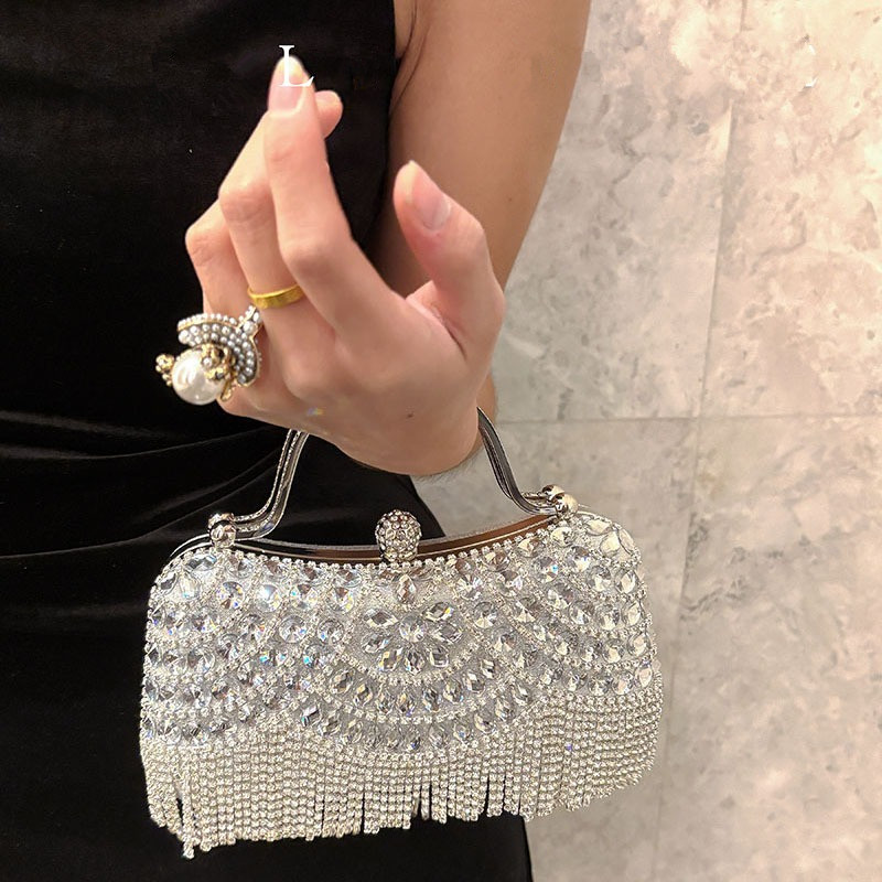 Diamond Evening Clutch Bag Golden Tassel Handbag Boutique Novelty Metallic Rhinestone Purses And Handbags Bridal Wedding Party: Silver
