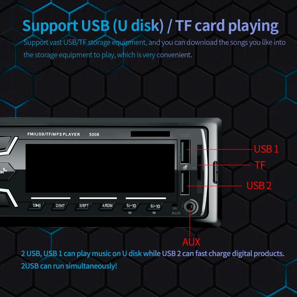Reproductor MP3 estéreo de Radio para coche, 1 DIN, Compatible con Bluetooth, 2 USB/TF/FM, autorradio, electrónica automática en tablero, 7 colores, USB, SD, AUX