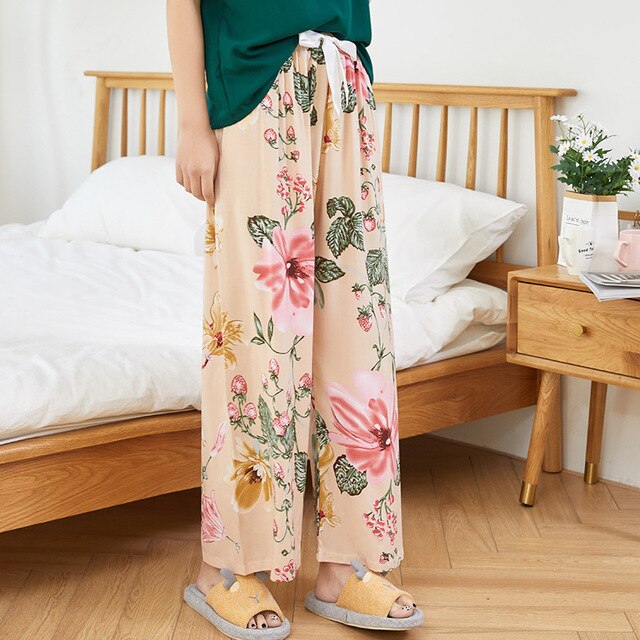 Summer Sleep Wear for Women Pajama Printing Loose Sleep Pants Calf-Length Pants Sleep Bottoms Home Wear: S19